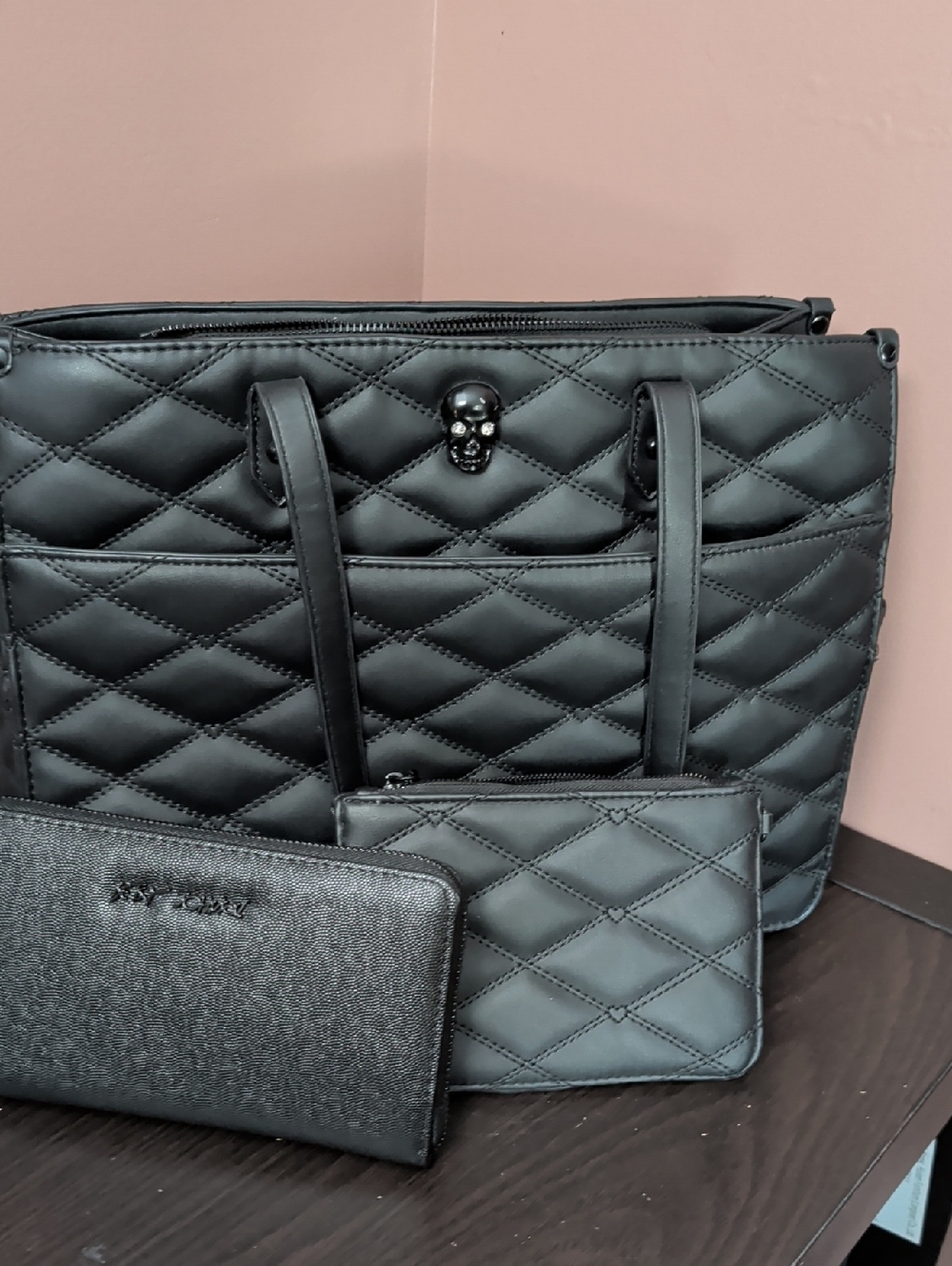 Betsey Johnson Black Quilted Tote with Matching Pouch